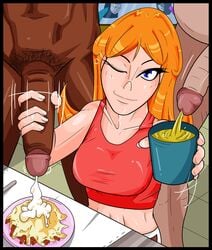 1girls 2boys breasts candace_flynn cleavage clothed clothed_female_nude_male clothing container_urination cum cum_on_food dark-skinned_male dark_skin disney disney_channel exclamation(artist) female food gokkun handjob human interracial isabella_garcia-shapiro male nude orange_hair peeing peeing_in_cup penis phineas_and_ferb pubic_hair stacy_hirano standing_pee straight urinating_male urine urine_in_container urine_pool what