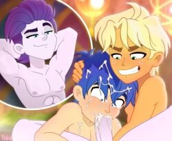 arms_behind_head arms_up assisted_oral blowjob cum cum_in_mouth cum_on_face dirk_thistleweed_(eg) equestria_girls felux flash_sentry flash_sentry_(eg) freckles gay hasbro male male_focus male_only my_little_pony nude nude_male oral oral_sex penis_in_mouth ragamuffin_(eg) sucking sucking_penis threesome yaoi