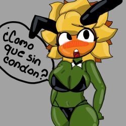 1girls artist_request big_breasts breasts bunny_girl condom female female_only large_breasts plants_vs_zombies plants_vs_zombies:_heroes pvz_heroes sexy_clothing solar_flare_(pvz) spanish_text sunflower sunflower_(pvz) text translation_request