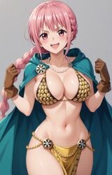 1girls ai_generated big_breasts bikini bikini_top blue_eyes braid braided_hair cleavage collarbone female_focus female_only gloves gold_bikini green_cape large_breasts light-skinned_female light_skin one_ai_art one_piece rebecca_(one_piece) single_braid smile solo solo_female solo_focus