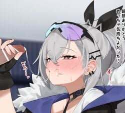 1boy after_fellatio bar_censor black_gloves blurry blurry_background blush censored cum cum_in_mouth cum_string erection female fingerless_gloves flasso fur-trimmed_jacket fur_trim gloves goggles goggles_on_head grey_eyes grey_hair hair_between_eyes handjob highres honkai:_star_rail honkai_(series) indoors jacket long_hair penis ponytail silver_wolf_(honkai:_star_rail) solo_focus straight translation_request