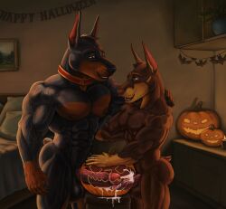 abs ake_(amdog) amdog anthro areola ass balls bedroom biceps bodily_fluids canid canine canis collar collar_only cum cumshot digital_media_(artwork) dobermann domestic_dog duo ejaculation english_text erection food frottage fruit fur furniture genital_fluids genitals halloween hi_res holidays humanoid_genitalia humanoid_penis improvised_sex_toy inside jack-o'-lantern klaus_doberman_(character) leaking_cum male male/male male_penetrating mammal masturbation muscular muscular_anthro muscular_male nipples nude pecs penetrating_pumpkin penetration penile penile_masturbation penile_penetration penis pinscher plant pumpkin sex smile standing tail teeth text vein veiny_muscles veiny_penis