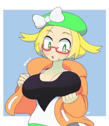 1girls bangs bianca_(pokemon) big_breasts big_eyes blonde_hair blue_background blush boxf breast_hold breasts cleavage clothed clothes clothing female female_only glasses green_eyes hat human jacket large_breasts looking_at_breasts nintendo open_mouth pokemon pokemon_bw pokemon_bw2 red_glasses ribbon shirt short_hair solo source_request surprised sweat sweatdrop text tongue watermark white_border