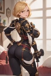 ai_generated armor ass bedroom bitch black_pants blonde_hair caked_up curvy dat_ass eteeming fat_ass female_only inquisition inquisition_(warhammer_40k) inquisitor inquisitor_(warhammer_40k) short_hair warhammer_(franchise) warhammer_40k