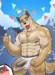 absurd_res bodily_fluids canid canine canis cum cum_on_face ejaculation genital_fluids hi_res hybrid kurokawashinichi_(artist) love male male/male mammal public public_nudity wolf wolfdog