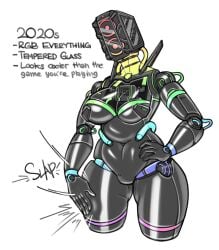 2020s_pc anthro big_breasts chubby chubby_female female female_focus female_only gaming_pc oatmegaplus original original_art original_artwork pc_waifu_(oatmegaplus) robot robot_girl robot_humanoid slapping_thigh thick_thighs