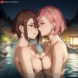 2girls ai_generated aira_shiratori ayase_momo bare_shoulders blush breast_press breasts brown_eyes brown_hair collarbone completely_nude dandadan edosynf highres lamp large_breasts light_blush looking_at_another medium_breasts multiple_girls night night_sky nipples nude onsen outdoors partially_submerged pink_eyes pink_hair relaxing self_upload shiny shiny_hair shiny_skin shiratori_aira_(dandadan) short_hair star_(sky) starry_sky topless upper_body water wet yuri