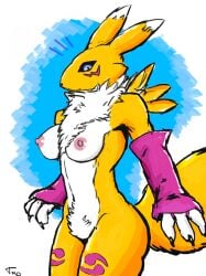 anthro armwear bandai_namco black_sclera breasts canid canine claws clothing crotch_tuft digimon digimon_(species) digital_media_(artwork) female fox fur mammal multicolored_body multicolored_fur navel neck_tuft pubes renamon simple_background solo standing surprised_expression tuft tuotuotuotuotuo white_body white_fur yellow_body yellow_fur