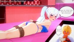 ass bed blonde_hair bondage comic dialogue koikatsu lingerie mask perfect_idiot roleplay rwby smiling sun_wukong_(rwby) tied_up weiss_schnee white_fang_(rwby) white_hair