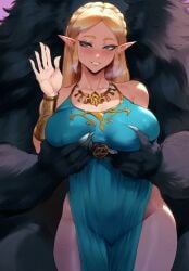 1boy 1girls ai_generated big_breasts blonde_hair blush breasts cheating dress elf ene fur grabbing grabbing_breasts grabbing_from_behind groping groping_breasts hips huge_breasts interspecies long_hair monster naughty_face netorare ntr princess_zelda smile sweat the_legend_of_zelda thick_thighs thighs triforce waving werewolf wide_hips zoophilia