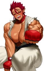 1girls absurd_res ali_(sotcho) big_breasts capcom closed_eyes cosplay fangs female female_only muscular muscular_female open_mouth original pointy_ears red_hair ryu_(street_fighter)_(cosplay) short_hair sitting smiling solo sotcho spiky_hair street_fighter white_background