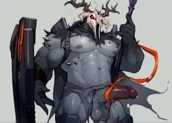 1boy abs animal_skull antlers arknights bara bare_pectorals biceps cape deer_antlers deer_skull dendryte_axxon erection feet_out_of_frame highres holding holding_polearm holding_weapon horns large_pectorals large_penis male_focus material_growth mature_male muscular muscular_male nipples patriot_(arknights) pectoral_cleavage pectorals penis polearm shield simple_background solo standing steam steaming_body testicles thighs veins veiny_penis weapon