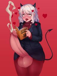 black_dress breasts clothes_lift cum demon demon_girl demon_horns dress erection foreskin futanari helltaker horns large_breasts large_penis minishell modeus_(helltaker) penis red_eyes skirt tongue tongue_out