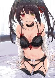 arm_support armpit_crease arms_at_sides bare_belly bare_shoulders bed bed_sheet belly_button black_bra black_hair black_panties black_thighhighs blanket blush bow_bra bra breasts breasts_apart choker cleavage collarbone date_a_live garter_belt garter_straps hairband heterochromia hews_hack lingerie lolita_hairband long_hair medium_breasts off_shoulder open_shirt panties parted_lips shirt sitting smile sweat thighhighs thighs tokisaki_kurumi twintails underwear zettai_ryouiki