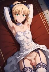 ai_generated artoria_pendragon blonde_hair femboy femboysub laying_on_back sissy trap wedding_dress