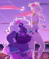 amethyst_(steven_universe) ass bikini blush carbonoid chubby female gem_(species) lipstick_mark lipstick_on_ass lipstick_on_thighs multiple_girls pearl_(steven_universe) purple_skin smooth_skin steven_universe white_skin yuri