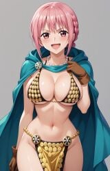 1girls ai_generated big_breasts bikini bikini_top blue_eyes braid braided_hair cleavage cloak collarbone female_focus female_only gloves gold_bikini green_cape large_breasts light-skinned_female light_skin loincloth necklace one_ai_art one_piece pearl_necklace pelvic_curtain rebecca_(one_piece) shonen_jump single_braid smile solo solo_female solo_focus