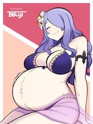 1girls bikini blush breasts camilla_(fire_emblem) closed_eyes color female fire_emblem fire_emblem_fates flower_in_hair hair_over_one_eye hand_on_belly human hyper_belly large_breasts nintendo popped_navel pregnant purple_hair ready_to_pop smile thick_thighs tsukiji wickedatlas wide_hips