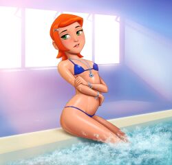 bare_legs ben_10 bikini cartoon_network drew_gardner ginger gwen_tennyson legs looking_at_viewer nipples short_hair small_breasts swimming_pool tagme thighs wet_body wet_skin