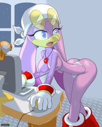 anthro ass avian bent_over bird breasts clothed clothing computer female female_only furry furry_only greenhand half-dressed headkerchief nipples panties pink_body purple_eyes shoes solo sonic_(series) sonic_riders swallow thong topless wave_the_swallow