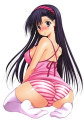 absurdres ass asymmetrical_bangs azuma_yuki bangs bare_shoulders black_hair blue_eyes blush breasts camisole earrings feet female hairband highres jewelry large_breasts long_hair looking_at_viewer looking_back no_shoes original panties shimapan sitting solo striped striped_panties thighhighs underwear wariza white_legwear