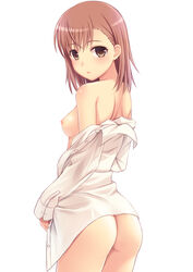 1girls ass bare_ass bare_shoulders blush bottomless breasts brown_eyes brown_hair dat_ass female from_behind functionally_nude functionally_nude_female highres looking_at_viewer looking_back misaka_mikoto n.g. naked_shirt nipples no_bra no_panties nude nude_female open_mouth shirt short_hair shoulder_blades small_breasts solo teenage_girl teenager to_aru_kagaku_no_railgun to_aru_majutsu_no_index white_background white_shirt young