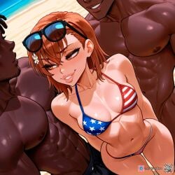 1girl2boys 2boys1girl ai_generated american_flag_bikini bare_shoulders beach bikini brown_eyes brown_hair dark-skinned_male geasseros light-skinned_female lips misaka_mikoto muscular_male outdoors qr_code seductive_look shiny_skin short_hair small_breasts sunglasses_on_head swimsuit to_aru_kagaku_no_railgun to_aru_majutsu_no_index usa_bikini