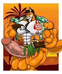 1boy 2d anthro big boner dick drink fabian fiery_werefox fox furry growth male muscles muscular orange_fur penis