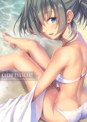 ass_cleavage barefoot bikini blue_eyes blush breasts brown_hair butt_crack female fukai_ryousuke green_eyes heterochromia idolmaster idolmaster_cinderella_girls looking_at_viewer looking_back mole short_hair short_ponytail smile solo swimsuit takagaki_kaede