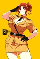 1girls ahoge axis_powers_hetalia big_breasts breasts brown_eyes cleavage cowboy_shot female female_only fungus-man genderswap genderswap_(mtf) gloves italy_(hetalia) looking_at_viewer military_uniform necktie ponytail red_hair self_upload skirt smile solid_color_background solo solo_female tagme yellow_background