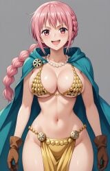 1girls ai_generated big_breasts bikini bikini_top blue_eyes braid braided_hair cleavage cloak collarbone female_focus female_only gloves gold_bikini green_cape large_breasts light-skinned_female light_skin necklace one_ai_art one_piece pearl_necklace pelvic_curtain rebecca_(one_piece) shonen_jump single_braid smile solo solo_female solo_focus