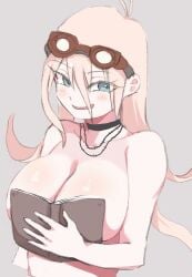 1girls blonde_hair blue_eyes blush book book_covering_breasts breasts completely_nude_female convenient_censoring covered_nipples covering_breasts dadadaeki00 danganronpa danganronpa_v3 female female_only goggles iruma_miu large_breasts long_hair messy_hair nude_female ouch_meme smile tease