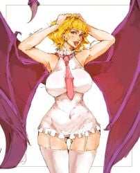 1girls armpits arms_up bat_wings belly_button belly_button_visible_through_clothing big_breasts blonde_hair bon_drawr breasts clothed egghead fangs female female_only leggings looking_at_viewer one_piece short_hair short_skirt stussy_(one_piece) thick thick_thighs tie vampire vampire_girl vampire_wings white_dress wings