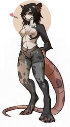 2018 anthro areola black_hair breasts dannoitanart digitigrade female fur furry grey_fur mammal marsupial nipples nitani opossum pants pussy see-through simple_background solo standing topless translucent