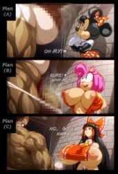 1boy 3girls alley alleyway amy_rose angelauxes animal_ears animal_girl big_breasts big_penis black_body cartoon censored_penis comic crossover curvy_body curvy_female curvy_figure curvy_hips dialogue disney eastern_and_western_character english_text fat_male hedgehog_girl human_female minnie_mouse mouse_girl muscular_male netorare netorase nipples_outside nipples_visible_through_clothing ntr prostitution reimu_hakurei sega semi_clothed semi_nude size_difference small_breasts small_penis sonic_(series) sonic_the_hedgehog_(series) speech tagme textless touhou video_game_character voluptuous_body voluptuous_female