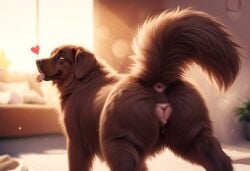 ai_generated anatomically_correct animal_genitalia animal_pussy anus bed bedroom bodily_fluids brown_body brown_fur canid canine canine_pussy canis detailed detailed_anus detailed_eyes detailed_fur detailed_pussy domestic_dog female feral fluffy fluffy_tail fur furniture genital_fluids genitals heart hi_res light long_fur looking_at_viewer looking_back looking_back_at_viewer mammal molosser mountain_dog newfoundland_dog on_all_fours pink_anus pink_pussy plant polar_(director) pussy pussy_juice pussy_juice_string raised_tail smile solo sunlight tongue tongue_out window yellow_eyes