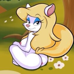 absurd_res animaniacs anthro anus ass blackmore blonde_hair breasts female flower genitals grass hair hi_res looking_back mammal minerva_mink mink mustelid musteline navel nipples nude outside plant pussy seductive sitting smile tail tree true_musteline warner_brothers