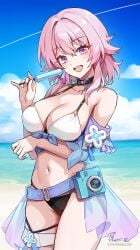 2024 2d beach big_breasts bikini black_panties blue_eyes camera choker hi_res honkai:_star_rail honkai_(series) hoyoverse ice_cream light-skinned_female march_7th_(honkai:_star_rail) open_mouth pink_hair short_hair thighs white_bra