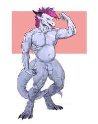 anthro balls belly dragon flexing foreskin genitals hi_res humanoid_genitalia humanoid_penis intricatevision male mohawk musclegut muscular mythological_creature mythological_scalie mythology open_mouth ostarn penis rangstrom scalie solo tongue