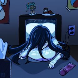 1girls alternate_breast_size brazilian_miku cum cum_drip cum_on_body cum_on_breasts cum_on_face curse female female_focus female_only ghost hatsune_miku large_breasts owlyn sadako sadako_yamamura solo the_ring tv yamamura_sadako yor_briar yor_forger