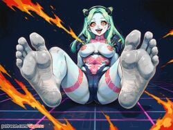 ai_generated barefoot breasts cyberpunk:_edgerunners dirty_feet feet foot_fetish foot_focus gigatsu green_hair grey_body happy looking_at_viewer nipples rebecca_(edgerunners) seductive sole_female soles spread_legs toes vaporwave