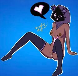 amematoi artist_signature black_body blue_background blush brown_nipples cum_drip dark-skinned_female dark_skin epic_games fortnite fortnite:_battle_royale hood_up knee_surgery_is_tomorrow legs_spread oozing_cum raven_team_leader smug tagme thighhighs thighs white_outline wink winking_at_viewer