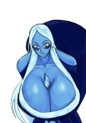 1girls ass_up bending_forward big_breasts blue_body blue_diamond_(steven_universe) blue_eyes breasts cleavage collarbone dress eyebags eyelashes gem gem_(species) gem_on_chest kaijugs kaijujuggs leaning_forward long_hair plump_lips shoulders steven_universe