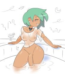 1futa 2024 aloe_(fondly-aloe) artist_logo blush bottomless choker city_background cocktail earrings fernal-scarlet fondly_aloe fondly_scarlet futa_only futanari green_eyes green_hair hourglass_figure large_penis margarita nipples_visible_through_clothing original outdoors pool short_hair tan_skin wet_body wet_shirt