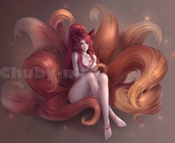 1girls ahri animal_ears chubymi female female_only fox_ears fox_girl fox_tail foxfire_ahri league_of_legends multiple_tails pale-skinned_female pale_skin solo tagme tail