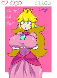 1girls 2d 2d_(artwork) big_breasts blonde_hair blue_eyes blush blush_lines breasts busty clothed clothed_female clothing crown dress earrings english_text female female_only full_comfort full_comfort_(strip_game) gloves large_breasts light-skinned_female lipstick long_gloves long_hair mario_(series) nintendo open_mouth pink_background pink_dress princess_peach self_fondle solo solo_female strip_game super_mario_bros. text voluptuous white_background white_skin wide_hips