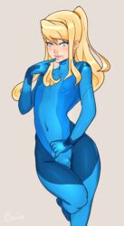 1boy beauty_mark blonde_hair blue_eyes bodysuit bulge erect_nipples femboy genderbend genderswap genderswap_(ftm) human male male_only metroid mole nintendo ponytail rule_63 samus_aran skin_tight solo standing superboin tied_hair trap zero_suit zero_suit_samus