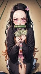 ai_generated black_hair cum_on_face hair_ribbon kamado_nezuko kimetsu_no_yaiba kimono kneeling money nezuko_kamado pink_eyes stable_diffusion