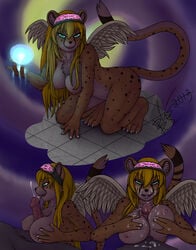 anthro batch blonde_hair breasts cheetah color cum cum_on_breasts cum_on_face cum_on_stomach feline female furry hair magic male mammal nipples paizuri penis sex solo_focus spots straight tongue wings