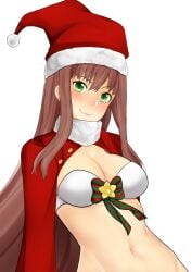 1female 1girls 2017 bra breasts christmas christmas_headwear cleavage doki_doki_literature_club female_only green_eyes headwear holidays light_blush long_hair merry_christmas monika_(doki_doki_literature_club) navel otxoa60 santa_hat white_bra